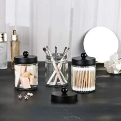 3 Pack Apothecary Jar Canisters Bathroom Vanity Organizer - Qtip Holder Storage Organizer Set Countertop Canister With Stainless Steel Lids &Cute Stickers For Qtips,Cotton Swabs,Makeup Sponges,Floss (Black) -GENERIC Shop 41alxOvasYL