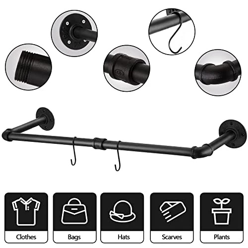 C&AHOME Industrial Pipe Clothes Rack, 2 Pack Clothing Rack Wall Mount 36’'L With 4 S-Shaped Hooks, MultiPurpose Detachable Hanging Bracket Rod, Space-Saving Heavy Duty Garment Rack Bar Black UPCRM02B 3 C&AHOME Industrial Pipe Clothes Rack, 2 Pack Clothing Rack Wall Mount 36’'L With 4 S-Shaped Hooks, MultiPurpose Detachable Hanging Bracket Rod, Space-Saving Heavy Duty Garment Rack Bar Black UPCRM02B - Image 3