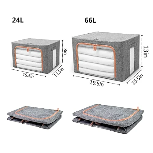 FLAHOLD 2 Pack Clothes Storage Bags, Foldable Linen Cloth Steel Frame Storage Box With Clear Window & Reinforced Handles For Bedding, Blankets, Pillows, Toys, Books(Grey, 24L, 2PCS) 2 FLAHOLD 2 Pack Clothes Storage Bags, Foldable Linen Cloth Steel Frame Storage Box With Clear Window & Reinforced Handles For Bedding, Blankets, Pillows, Toys, Books(Grey, 24L, 2PCS) - Image 2