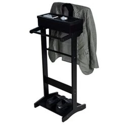 Sardoxx Valet Stand For Man, Father's Day Gift, Black Wood Suit Valet Stand, Clothes Stand With Top Tray, Shoe Rack, Lidded Storage, Used In Entryway Office Living Room, 17" L X 13.6" W X 43" H