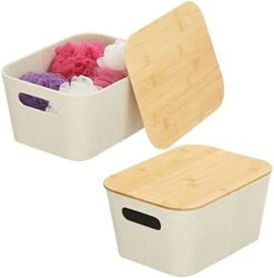 MDesign Modern Fabric Covered Basket With Lid - Stacking Decorative Storage Bin Box With Bamboo Cover For Closet, Living Room, Kitchen, Office Shelf - Holders For Clothing/Accessories, 2 Pack, Cream -GENERIC Shop 41c1vOFZegL. AC