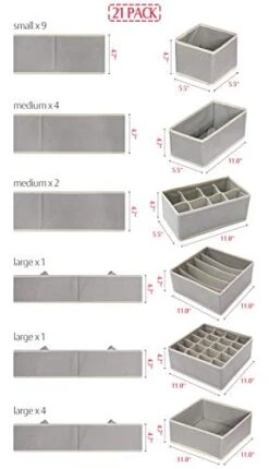 DIOMMELL Set Of 21 Foldable Cloth Storage Box Closet Dresser Drawer Organizer Fabric Baskets Bins Containers Divider For Baby Clothes Underwear Bras Socks Lingerie Clothing,Grey 11-4249