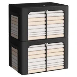 2Pack Storage Bins With Divided Interior - Frame Storage Box Oxford Fabric Clothes Storage Bags Large Capacity Stackable Foldable Container Organizer Set With Clear Window (X-Large-100L, Black)