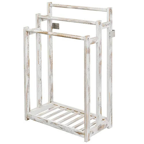 MyGift Shabby Whitewashed Wood Freestanding 3 Bar Towel Rack Holder With Bottom Storage Shelf, Laundry And Bathroom Towel Drying Rack 5 MyGift Shabby Whitewashed Wood Freestanding 3 Bar Towel Rack Holder With Bottom Storage Shelf, Laundry And Bathroom Towel Drying Rack - Image 5