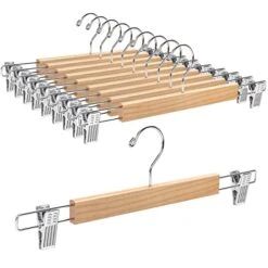 Amber Home 14.17" Solid Natural Wooden Pant Skirt Hangers 10 Pack, Bottom Hangers For Slacks Trousers Jeans With 2-Adjustable Anti-Rust Clips (Natural, 10 Pack)