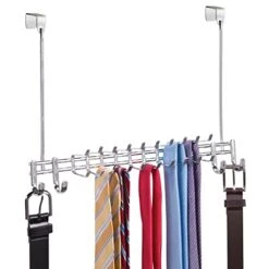 MDesign Metal Over Door Hanging Closet Storage Organizer Rack For Bedroom, Closet, Bath - Holds Men's/Women's Ties, Belts, Slim Scarves, Jewelry, Accessories - 4 Large Hooks, 20 Small Hooks - Chrome