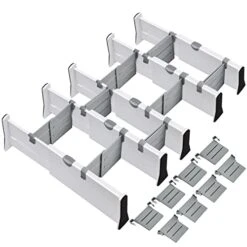 JONYJ Drawer Dividers Organizer 5 Pack, Adjustable Separators With 8 Inserts 4" High Expandable From 11-17" For Bedroom, Bathroom, Closet, Clothing, Office, Kitchen, Strong Secure Hold, White
