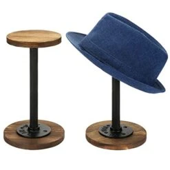 MyGift Rustic Burnt Wood Hat Holder Stand With Industrial Metal Pipe, Wig Rack Or Jewelry Display Riser, Set Of 2
