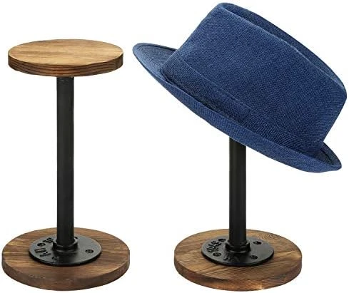 MyGift Rustic Burnt Wood Hat Holder Stand With Industrial Metal Pipe, Wig Rack Or Jewelry Display Riser, Set Of 2 6 MyGift Rustic Burnt Wood Hat Holder Stand With Industrial Metal Pipe, Wig Rack Or Jewelry Display Riser, Set Of 2 - Image 6