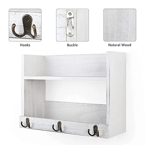 BTY Bathroom Towel Shelf With Hooks Wall Mount, 2 Tier Industrial Wood Towel Rack With Floating Shelf For Bathroom, Wall Decorative Storage Organizer, Gray White 5 BTY Bathroom Towel Shelf With Hooks Wall Mount, 2 Tier Industrial Wood Towel Rack With Floating Shelf For Bathroom, Wall Decorative Storage Organizer, Gray White - Image 5