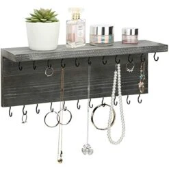MyGift Hanging Jewelry Organizer, Wall-Mounted Rustic Gray Wood Necklace, Bracelets Display Rack With 26 Hooks And Top Shelf