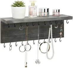 MyGift Hanging Jewelry Organizer, Wall-Mounted Rustic Gray Wood Necklace, Bracelets Display Rack With 26 Hooks And Top Shelf -GENERIC Shop 41frFOKHZBL. AC