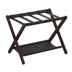 SONGMICS Luggage Rack, Folding Suitcase Stand With Storage Shelf, For Guest Room, Hotel, Bedroom, Heavy-Duty, Holds Up To 131 Lb, Chestnut Brown URLR007R01