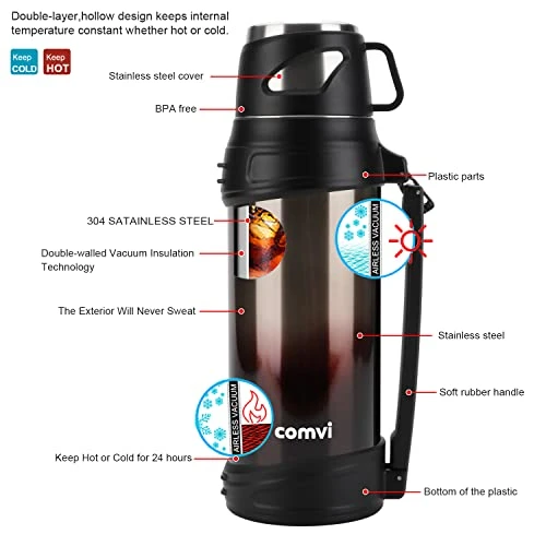 Comvi 68oz Large Coffee Thermus For Travel - 24 Hours Hot & Cold Flasks For Hot And Cold Drinks, Stainless Steel, Vacuum Insulated Flask With 2 Cups For Hiking & Camping For Men/Women - Coffee 3 Comvi 68oz Large Coffee Thermus For Travel - 24 Hours Hot & Cold Flasks For Hot And Cold Drinks, Stainless Steel, Vacuum Insulated Flask With 2 Cups For Hiking & Camping For Men/Women - Coffee - Image 3