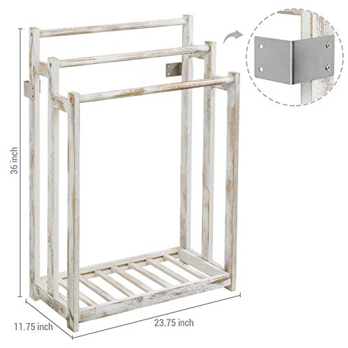 MyGift Shabby Whitewashed Wood Freestanding 3 Bar Towel Rack Holder With Bottom Storage Shelf, Laundry And Bathroom Towel Drying Rack 4 MyGift Shabby Whitewashed Wood Freestanding 3 Bar Towel Rack Holder With Bottom Storage Shelf, Laundry And Bathroom Towel Drying Rack - Image 4