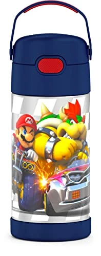 THERMOS FUNTAINER 12 Ounce Stainless Steel Vacuum Insulated Kids Straw Bottle, Super Mario Brothers