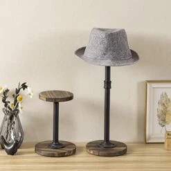 MyGift Industrial Black Metal Adjustable Pedestal Hat Stand With Rustic Burnt Wood Base And Top, Baseball Cap And Wig Display Racks, Set Of 2 -GENERIC Shop 41hKvCTYWzL