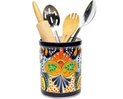 Enchanted Talavera Mexican Talavera Ceramic Large Utensil Holder Spatula Crock Kitchen Counter Organizer Mexican Pottery Utensils Tools Caddy Spoon Rest White Ceramic (Multi Color Large (7.5"H X 6"W)