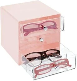 MDesign Stackable Plastic Eye Glass Storage Organizer Box Holder For Sunglasses, Reading Glasses, Lens Cleaning Cloths, And Accessories - 3 Divided Drawers, Chrome Pulls - Light Pink/Clear -GENERIC Shop 41iG uN 8JL. AC