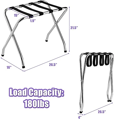 BETTARY Chrome Luggage Rack For Guest Room, Folding Metal Bag Suitcase Holder With Nylon Straps, Luggage Stand Ideal For Home Bedroom Guest Room Hotel, No Assembly Required (1) 2 BETTARY Chrome Luggage Rack For Guest Room, Folding Metal Bag Suitcase Holder With Nylon Straps, Luggage Stand Ideal For Home Bedroom Guest Room Hotel, No Assembly Required (1) - Image 2