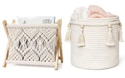 Mkono Macrame Magazine Rack And Macrame Laundry Basket Nursery Storage Bin Organizer Boho Decor For Bedroom Livingroom Dorm