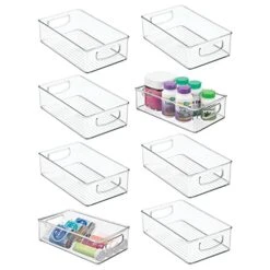 MDesign Small Plastic Bathroom Storage Container Bins With Handles For Organization In Closet, Cabinet, Vanity Or Cupboard Shelf, Accessory Organizer - Ligne Collection - 8 Pack, Clear