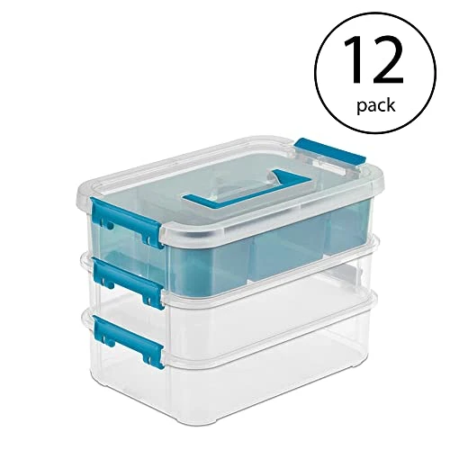 Sterilite Convenient Small Home 3-Tiered Layer Stacking Carry Storage Box With Colored Accent Secure Latches, Clear (12 Pack) 2 Sterilite Convenient Small Home 3-Tiered Layer Stacking Carry Storage Box With Colored Accent Secure Latches, Clear (12 Pack) - Image 2