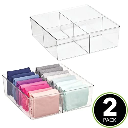 MDesign Plastic 4 Compartment Divided Drawer And Closet Storage Bin - Organizer For Scarves, Socks, Ties Bras, And Underwear - Dress Drawer Organizer, Shelf Organization - 2 Pack - Clear 2 MDesign Plastic 4 Compartment Divided Drawer And Closet Storage Bin - Organizer For Scarves, Socks, Ties Bras, And Underwear - Dress Drawer Organizer, Shelf Organization - 2 Pack - Clear - Image 2