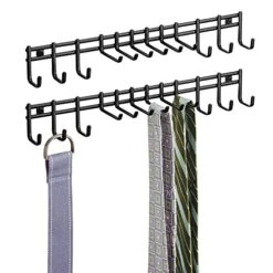 MDesign Closet Wall Mount Metal Accessory Organizer And Storage Center - Modern Slim Holder For Womens And Mens Ties, Belts, Scarves, Sunglasses, Watches - 12 Hooks, 2 Pack, Matte Black