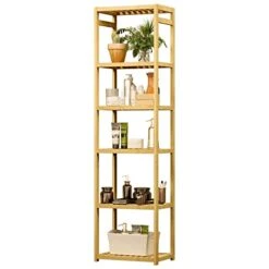 VIAGDO Bamboo Bathroom Shelf 6-Tier, 64.2" Height Narrow Shelving Unit, Multifunctional Storage Rack, Plant Stand Wood Corner Shelf For Kitchen, Livingroom, Hallway, Bathroom Storage Organizer Shelf