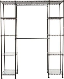 Amazon Basics Expandable Metal Hanging Storage Organizer Rack Wardrobe With Shelves, 14"-63" X 58"-72", Bronze & Collapsible Fabric Storage Cubes Organizer With Handles, Gray - Pack Of 6