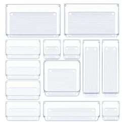 13 Pcs Drawer Organizer Set Clear Plastic Storage Bins Office Desk Drawer Dividers Trays With Non-Slip Silicone Pads, Dresser Separation Box For Makeup, Jewelries And Gadgets, Bedroom, Bathroom