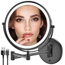 Rechargeable Lighted Makeup Mirror, Vanity Mirror With 3 Color Lights, Dimmable Touch Screen,8 Inch LED Double Sided 1X/10X Magnifying 360°Swivel Shaving Mirror 13 Inch Extendable (Black)