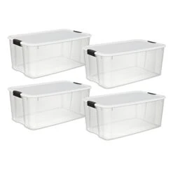 Sterilite 19909804 116 Quart/110 Liter Ultra Latch Box, Clear With A White Lid And Black Latches, 4-Pack