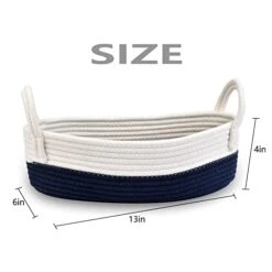 GENERIC DIY Woven Storage Basket For Toilet Tank Top, Cotton Rope Organizing Basket For Bathroom Farmhouse Home Decor,Table, Paper And Counter 13.2"x6"x4.1"(White With Navy Blue)