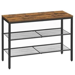 VASAGLE 3-Tier Rack, Freestanding Shoe Storage Organizer, Mesh Shelves, Space-Saving In The Entryway, Industrial, Rustic Brown + Black