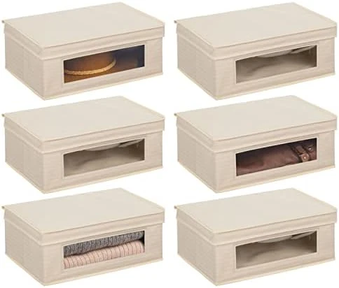 MDesign Fabric Stackable Slim Shelf Storage Organizer Box With Window/Attached Lid For Organizing Bedroom Closet - Holds Purses, Linens, Accessories - Lido Collection - 6 Pack, Cream/Espresso Brown 14 MDesign Fabric Stackable Slim Shelf Storage Organizer Box With Window/Attached Lid For Organizing Bedroom Closet - Holds Purses, Linens, Accessories - Lido Collection - 6 Pack, Cream/Espresso Brown - Image 14