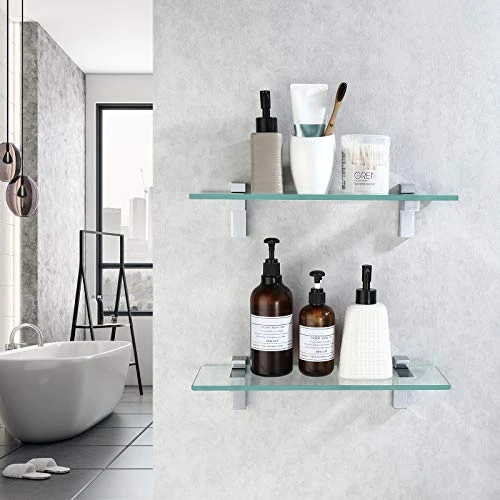 Glass Shelves For Bathroom, 15.8-Inch Bathroom Shelf With Rectangle Tempered Glass And Polished Chrome Bracket Wall Mount 2 Pack, BGS3201S40-P2 2 Glass Shelves For Bathroom, 15.8-Inch Bathroom Shelf With Rectangle Tempered Glass And Polished Chrome Bracket Wall Mount 2 Pack, BGS3201S40-P2 - Image 2