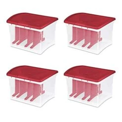 Sterilite Christmas Light And Garland Holiday Decor Home Organizer Clear Storage Container With Red Lid And Reel Slats (4 Pack)