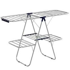 SONGMICS Clothes Drying Rack, Foldable 2-Level Laundry Drying Rack, Free-Standing Large Drying Rack, With Height-Adjustable Wings, 33 Drying Rails, Sock Clips, Silver And Blue ULLR53BU