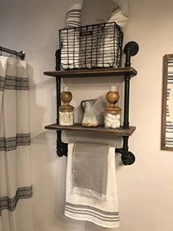ANGIEHAIE Industrial Pipe Shelf,Rustic Wall Shelf With Towel Bar,20" Towel Racks For Bathroom,Pipe Shelves Wood Shelf Shelving (2-Tier)
