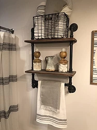 ANGIEHAIE Industrial Pipe Shelf,Rustic Wall Shelf With Towel Bar,20" Towel Racks For Bathroom,Pipe Shelves Wood Shelf Shelving (2-Tier) 4 ANGIEHAIE Industrial Pipe Shelf,Rustic Wall Shelf With Towel Bar,20" Towel Racks For Bathroom,Pipe Shelves Wood Shelf Shelving (2-Tier) - Image 4