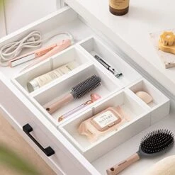 Oyydecor Bamboo Drawer Organizer Storage Box Set, 5-Piece Multi-Use Junk Drawer Organizer For Kitchen, Bathroom, Office Desk, Dresser, Makeup, Vanity (White)