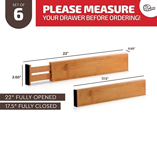 Large Kitchen Drawer Organizer - Expandable Bamboo Drawer Dividers (17" - 21.5") - Adjustable Separators For Kitchen, Clothes, Dresser, Bedroom, Bathroom, And Desk Drawers - 6-Pack 1 Large Kitchen Drawer Organizer - Expandable Bamboo Drawer Dividers (17" - 21.5") - Adjustable Separators For Kitchen, Clothes, Dresser, Bedroom, Bathroom, And Desk Drawers - 6-Pack