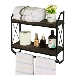 Abyssfish 2 Tier Metal Industrial Bathroom Shelves With Towel Bar Floating Storage Organizer Shelves Rustic Wall Mounted Shelves Over Toilet Towel Rack For Bathroom, Bedroom, Kitchen