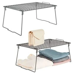 MDesign Farmhouse Metal Stackable Storage Shelf - Closet, Cabinet, Countertop 2-Tier Raised Organizer - For Bedrooms, Bathrooms, Entryways, Hallways - 17" X 12" X 8", 2 Pack - Graphite Gray
