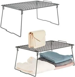 MDesign Farmhouse Metal Stackable Storage Shelf - Closet, Cabinet, Countertop 2-Tier Raised Organizer - For Bedrooms, Bathrooms, Entryways, Hallways - 17" X 12" X 8", 2 Pack - Graphite Gray -GENERIC Shop 41xQ4crUsbL. AC