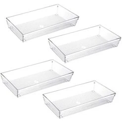 4 Pack 12"x 6" Large Size Clear Plastic Desk Drawer Organizer Tray Bathroom Office Kitchen Utensils Silverware Gadgets Dividers Desk Drawer Storage Bins Container For Dresser Cosmetic Makeup