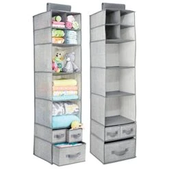 MDesign Soft Fabric Over Closet Rod Hanging Storage Organizer With 7 Shelves And 3 Removable Drawers For Child/Kids Room Or Nursery - Textured Print - 2 Pack - Gray