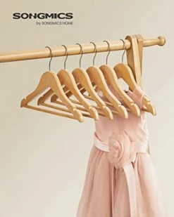 SONGMICS Kids Wooden Hangers 20 Pack, Solid Wood Baby Hangers, Children's Coat Hangers With Pants Bar, Shoulder Notches, Swivel Hooks, 12.6 X 7.5 Inches, Natural And Silver UCRW06NL